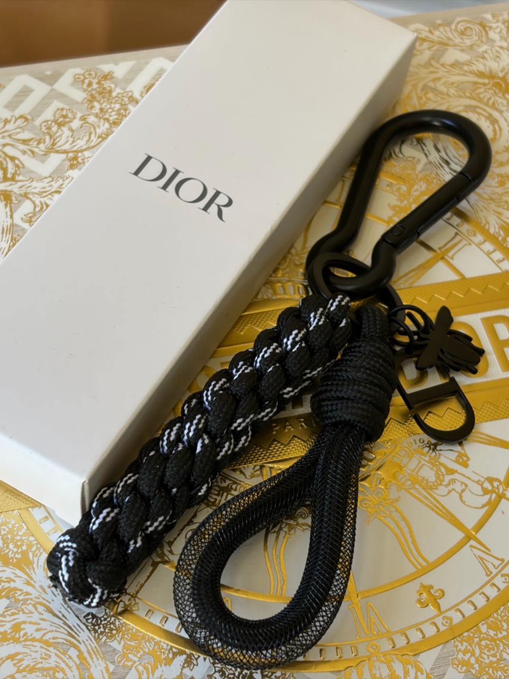 Dior KEY Ring keychain Black and White Braided Keychain 2x Charms CD & Bee